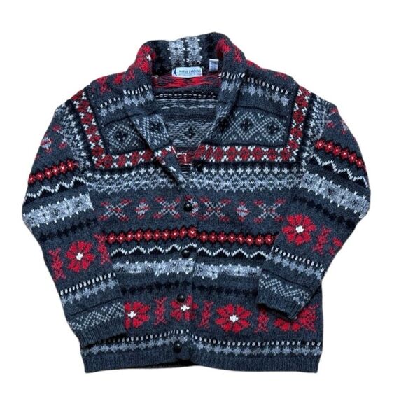 80s 90s Vintage Marsh Landing Cowichan Native Print Knit Cardigan Grey Red Large - Picture 1 of 7